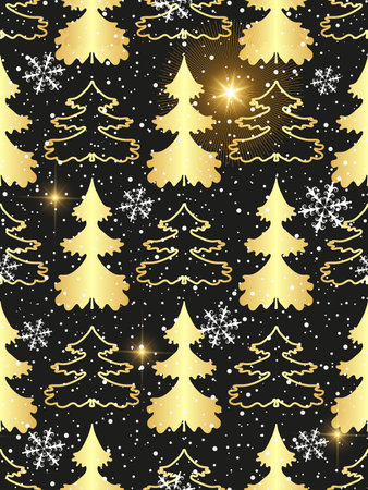 Vector seamless pattern with a fairytale forest with golden fir trees and the bright star of Bethlehemのイラスト素材