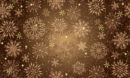 Vector seamless hand drawn winter pattern with vintage snowflakes and golden stars in retro style on a brown gradient backgroundのイラスト素材