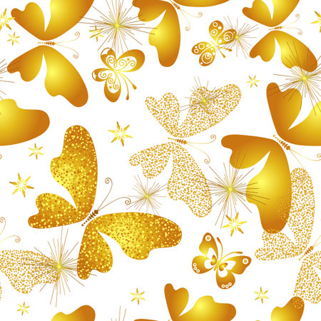 Vector seamless pattern with golden stylized butterflies whis stars on a transparent backgroundのイラスト素材