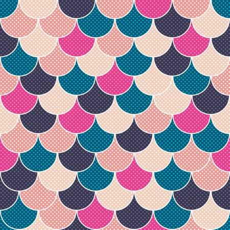 Seamless colorful geometric pattern of circles with dots in retro colors. Vector imageのイラスト素材