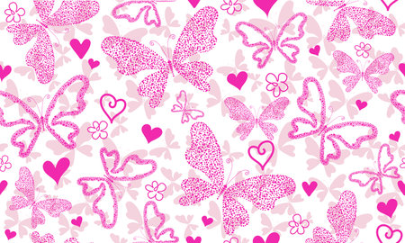 Vector seamless bicolor valentines pattern with pink hearts and dotty butterflies and flowers in doodle style on a transparent backgroundのイラスト素材