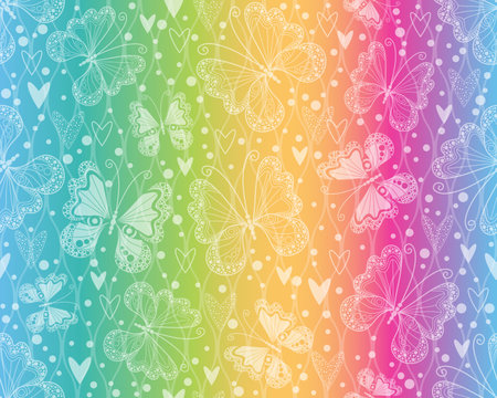 Seamless rainbow pattern of shapes with wave lines iand butterflies and hearts. Vector imageのイラスト素材