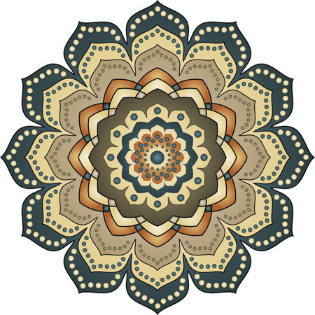 Colorful gradient mandala in retro colors with polka dots isolated on a transparent background. Vector imageのイラスト素材