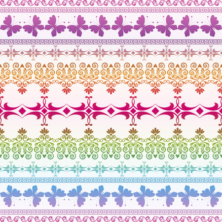 Vector white seamless rainbow gradient geometric pattern with butterflies and vintage swirlsのイラスト素材
