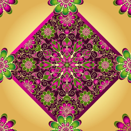 Vector vintage hand drawn golden gradient seamless pattern with flowers and mandalaのイラスト素材