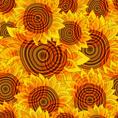 Hand drawn bright summer floral seamless pattern with sunflowersのイラスト素材
