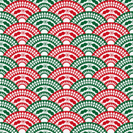 Vector vintage hand drawn red and green seamless christmas pattern with mandalasのイラスト素材