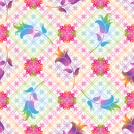 Vector seamless floral rainbow pattern with colorful gradient fowers in doodle style on a white backgroundのイラスト素材