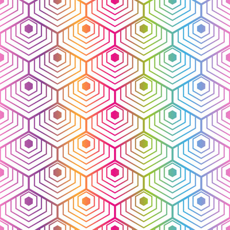 Vector seamless geometric hand drawn pattern with rainbow striped hexagons on whiteのイラスト素材