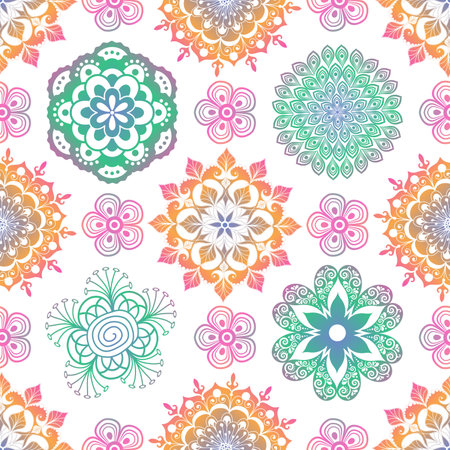 Vector vintage hand drawn seamless geometric pattern with lacy colorful gradient mandalas on whiteのイラスト素材