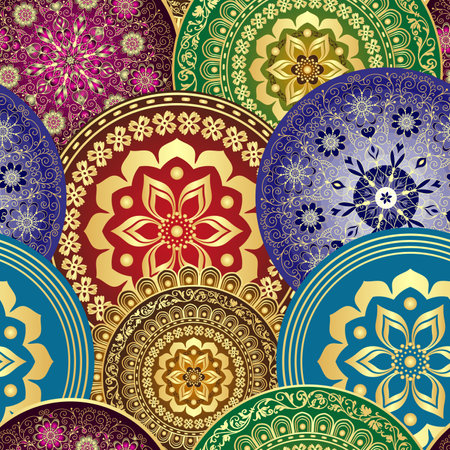 Vector hand drawn vintage seamless pannern with colorful gradient mandalas.のイラスト素材