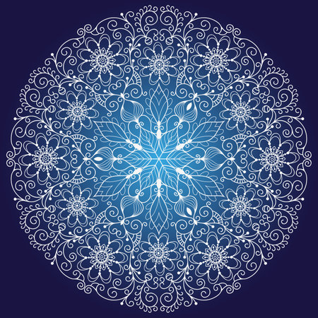Vector doodle filigree white big snowflake on a dark blue gradient background. For Christmas and New Year designのイラスト素材