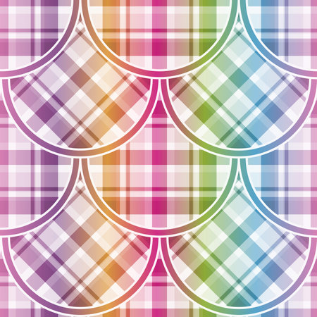 Vector hand drawn rainbow gradient checked seamless geometric pattern with circlesのイラスト素材
