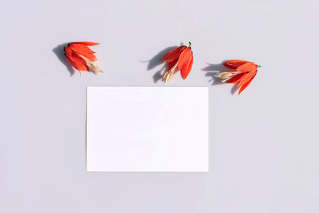 Mockup poster or flyer for presentation, stationery and red lilies with hard shadows on a gray background in a elegant modern minimalist style. Congratulations blank, white paperの写真素材