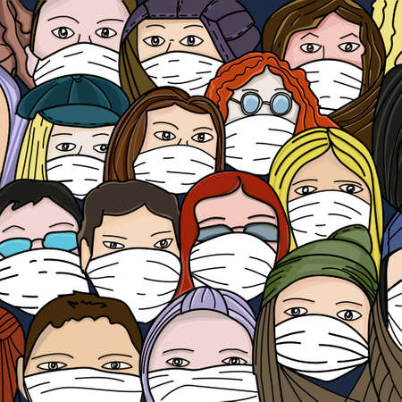 People wearing medical masks from coronovirus. Protection against viruses, allergies, dust. New reality. Lots of people standing around, crowd. Colorful vector illustration. Painted by hand.のイラスト素材