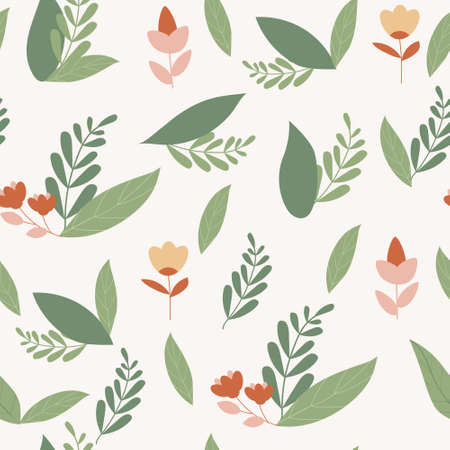 Spring seamless pattern of green leaves and wild flowers. Theme of ecology, environment, nature protection. For paper, covers, fabricsのイラスト素材