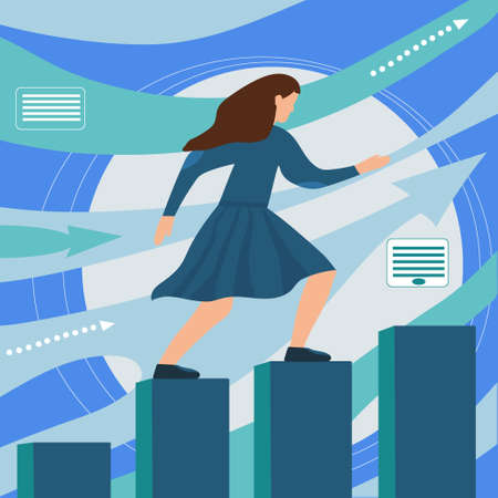 A woman goes up the stairs. Set a goal, and move towards it. The concept of career growth, promotion, leadership. Promotion of the site in social networks, marketing.のイラスト素材