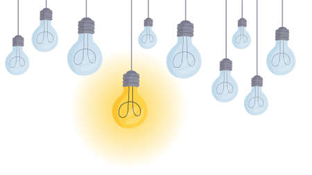 The bulbs hang from the ceiling. one light is on, the rest are off. Vector illustration of incandescent lamps. The concept of a creative and unique new idea. Creative and analytical thinking.のイラスト素材
