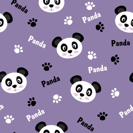 Seamless pattern with animals. Cute black and white pandas, footprints. Vector flat design.のイラスト素材