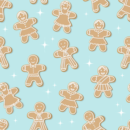 Christmas seamless pattern of smiling people from gingerbread. sweet cookies, delicious baked goods...