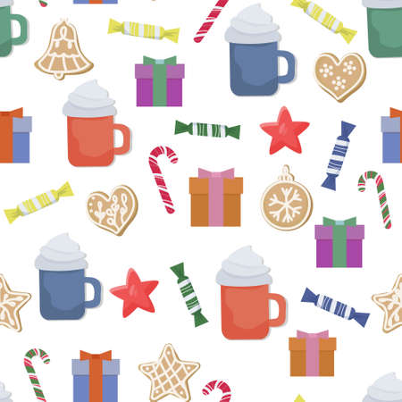 Christmas winter seamless pattern. With hot coffee drink, gingerbread gingerbread, sweets and presents. Holiday New Year symbols. For wrapping paper, covers, fabrics.のイラスト素材