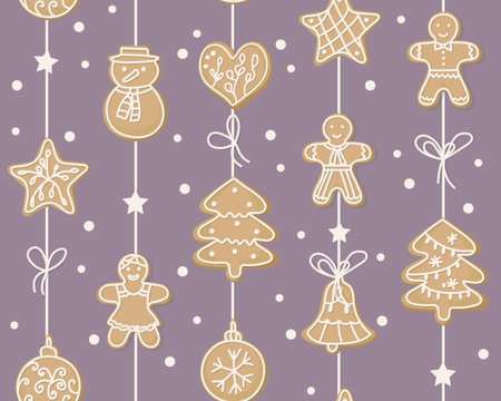 Winter seamless pattern. sweet cookies in the form of a man, Christmas tree, snowman, heart, stars hanging on a garland. Home decoration for the holiday. Symbols of the New Year. For packaging paperのイラスト素材