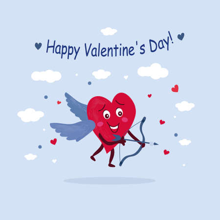 Amorous character. Red heart with wings in the sky, releases the arrow of love. Vector romantic illustration, for declaration of love feelings. Celebration of St. Valentine's dayのイラスト素材
