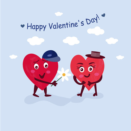 The concept of love. Cute characters of a couple of loving hearts. A man gives a woman a flower white daisy. Vector romantic card to recognize his feelings. St. Valentine's dayのイラスト素材