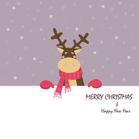 Merry Christmas and Happy New Year. Deer in a red knitted scarf. Symbol of Christmas. Congratulations card. Vector flat illustrationのイラスト素材