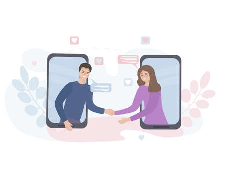 Dating and online communication. Virtual romantic date. Love during quarantine. Meeting a couple in love in a video chat via smartphone applications in social networksのイラスト素材