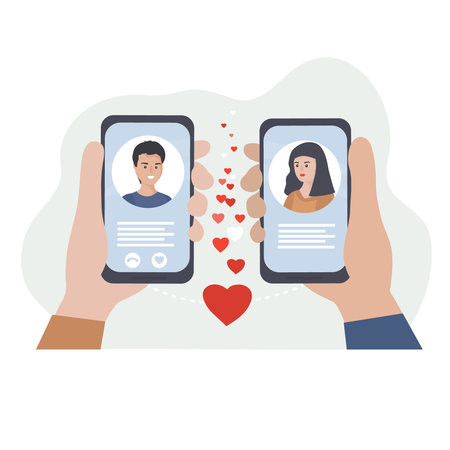 Dating and online communication. Virtual romantic date. Love during quarantine. Meeting a couple in love in a video chat via smartphone applications in social networksのイラスト素材