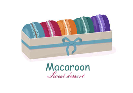 French sweet macaroons. Tasty multicolored cakes in cardboard packaging with ribbon. Delicious dessert. A good present for any holiday.のイラスト素材