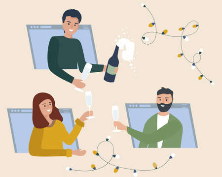 Online party. Friends drink wine, have fun in video chat. Each person goes on the Internet from his laptop. People in quarantine celebrate important events and holidays remotely. Video call. vectorのイラスト素材