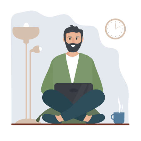 The man works at home, freelancer. Virtual communication during quarantine. Education online, the student studies at the laptop. Homeworkplace. Vector flat illustrationのイラスト素材
