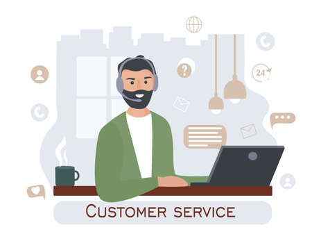 Customer service worker. The man working remotely, with headphones and a microphone, behind a laptop. Home workspace. Business concept of remote work. Vector flat illustrationのイラスト素材
