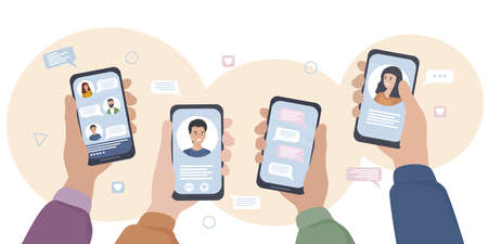 Hands with smartphones. People communicate in social networks and messengers, chat, write online sms, and use video calls. Mobile applications and Internet technologies. flat vectorのイラスト素材