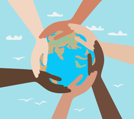 hands of people with different colors of skin, holding the planet Earth. concept of protection of peace and life, equality of race and tolerance. Intercultural relations and political commutationのイラスト素材