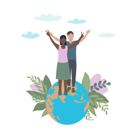 A pair of lovers with their hands raised. Standing on the planet earth, a symbol of victory and peace. Interracial relations and tolerance. Family Day. Conservation of nature and ecology. Flat vector illustration.のイラスト素材