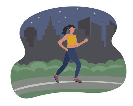 A woman running in the city at night. Sports training on the street. A runner on the move. Marathon and long runs in the street. running and fitness every day. comfortable athletic clothingのイラスト素材
