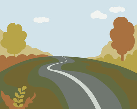 A forest landscape of an autumn forest or park. Hills with trees, road. Blue sky with clouds. vector flat illustrationのイラスト素材