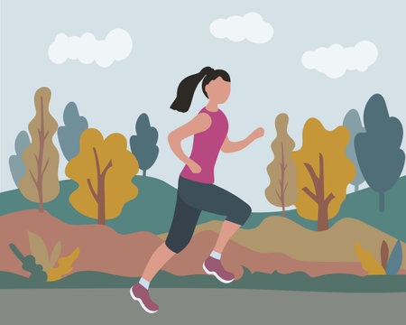 Woman running through the park. Sports training on the street. Runner in motion. Marathon and long runs in the street. Healthy lifestyle and fitness every day. comfortable athletic clothing for running. flat vectorのイラスト素材