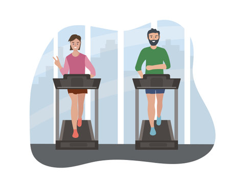 People, a couple of man and woman on a treadmill. Athletic training every day, healthy lifestyle. Sports in the fitness center against the backdrop of the big city. comfortable clothes for sportsのイラスト素材