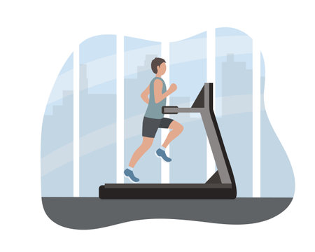 Man runner on a treadmill. Athletic training every day, healthy lifestyle. Sports in the fitness center against the backdrop of the big city. comfortable clothes for sports. vector flatのイラスト素材
