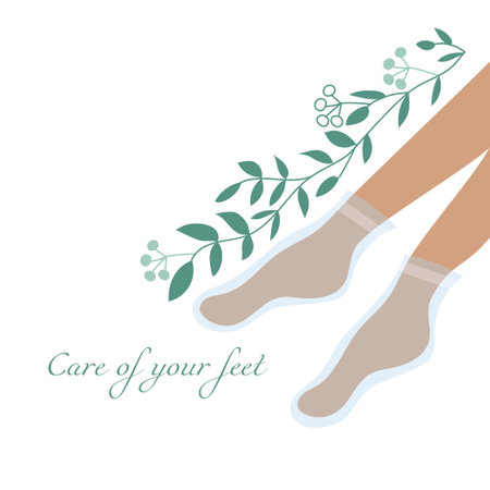 Taking care of your feet. Sock mask for foot care. Vector illustration of slender female legs and a graceful tree branch with leaves. Cosmetic spa care at home.のイラスト素材