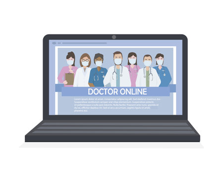 A team of experienced doctors on your laptop screen. Providing consultations, exams and treatment online. Telemedicine, remote communication between patient and doctor. For clinic website, app. Vectorのイラスト素材