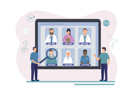 Choosing a doctor online. Telemedicine, remote medical services. Search for a specialist for medical consultation and diagnosis on the Internet. Portraits of different specialist doctors. flat vectorのイラスト素材