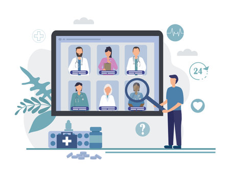 Choosing a doctor online. Telemedicine, remote medical services. Search for a specialist for medical consultation and diagnosis on the Internet. Portraits of different specialist doctors.のイラスト素材