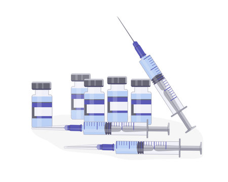 Glass ampoules and medical syringes. Protection against viruses and disease. Coronavirus vaccine. Timely vaccination. Template design of ampoule of medicine for cosmetology. Vector illustrationのイラスト素材