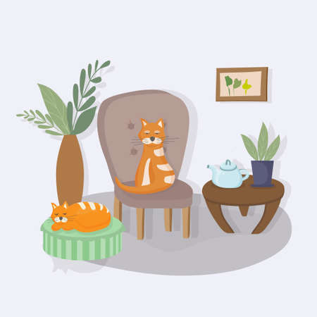 Cozy interior of the living room in the house. Cat sitting on an armchair, another sleeping on a soft pouffe. Apartment decorated in Scandinavian style hygge. Plants in pots. Favorite pets. Vectorのイラスト素材
