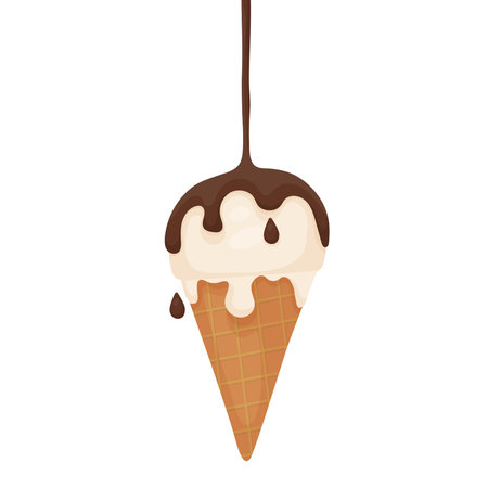 Ice cream flat vector illustration in cartoon style. A ball of melting ice cream in a waffle cone. Chocolate syrup poured on top. Favorite tasty sweet dessert.のイラスト素材